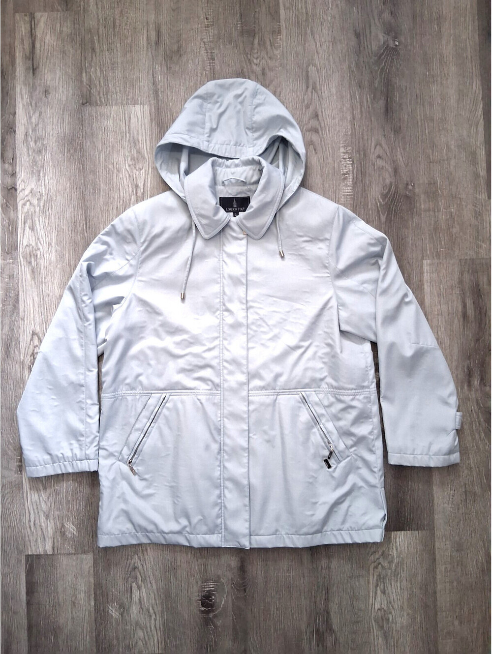 London Fog Dotti Women's Large Grey Blue Hooded Full Zip Snap Coat Rain Jacket